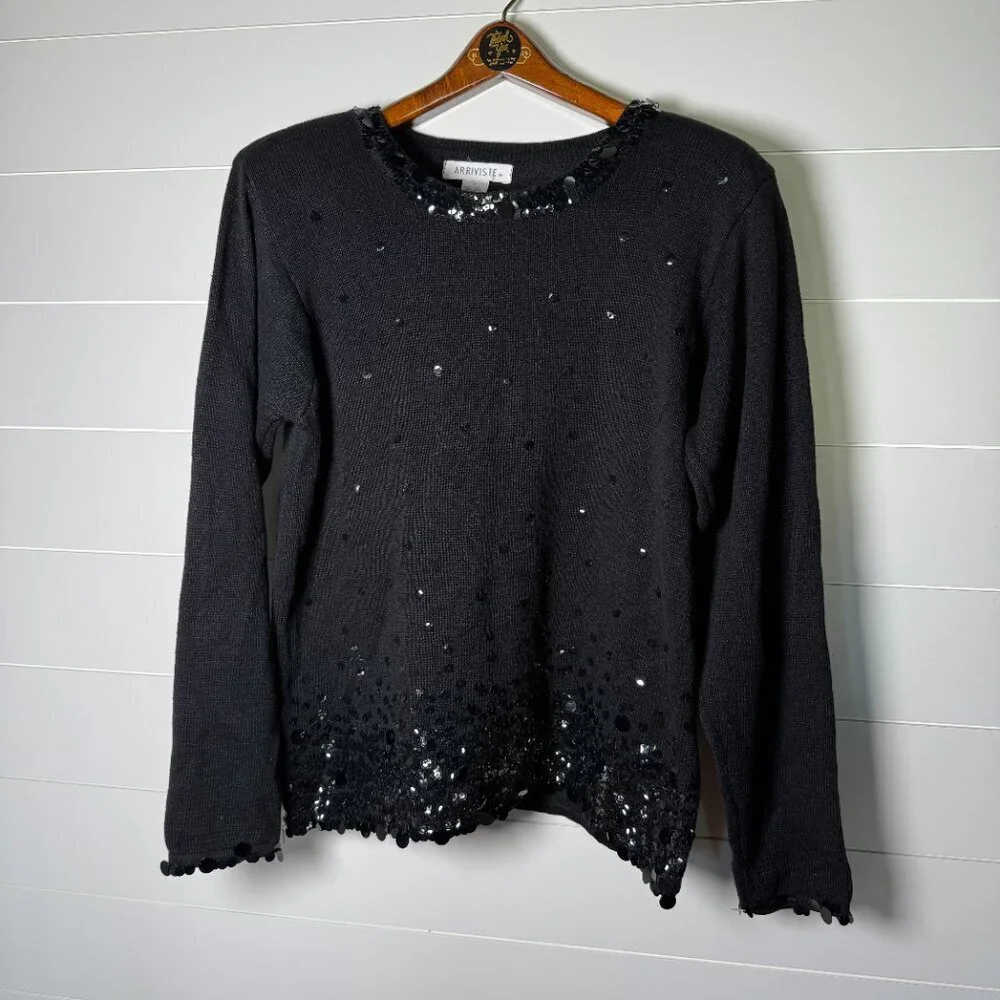 Arriviste Women's Sequin Black Long Sleeve Knit Sweater Cotton Blend Sz Large